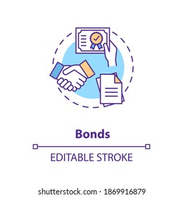 Bonds concept icon. Business investment strategy idea thin line illustration. Purchasing corporate or municipal bonds. Capital management. Vector isolated outline RGB color drawing. Editable stroke