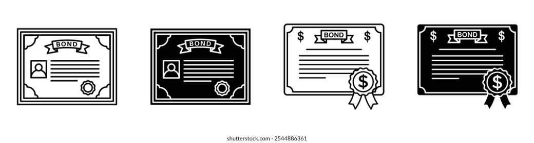 Bonds icon collection in black and white filled and solid vector style.