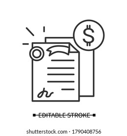 Bonds icon. Investment security papers linear pictogram with dollar currency sign. Concept of personal money investment instrument and stock market capital raising. Editable stroke vector illustration