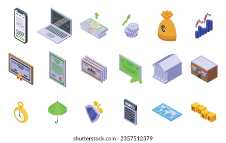 Bonds icons set isometric vector. Management investment. Money economy