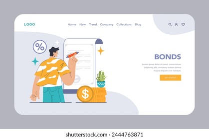 Bonds web or landing. Young investor analyzing a bond certificate with a highlighted pen, coin stack beside him. Fixed income, stable return. Flat vector illustration.