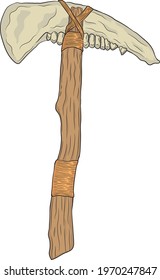 Bone axe, hand drawn illustration, isolated on white background, vector file, vector illustration, ancient weapon, jaw bone, adobe illustrator