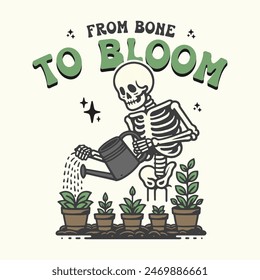 From bone to bloom, skeleton waterin a plant tee graphic