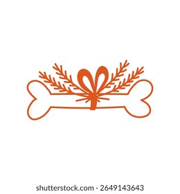 Bone with Bow and Fir Branches. Hand drawn dog snack tied with knot and decorated with pine twigs. Great for Christmas pet gifts. Vector illustration