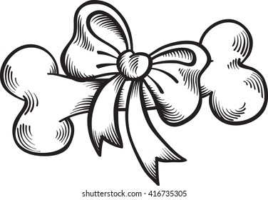 bone with a bow, graphic outline drawing, vector, isolated on white