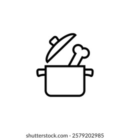 Bone broth icon. Saucepan with bone inside. Cooking soup in a pot. Vector illustration on white background.