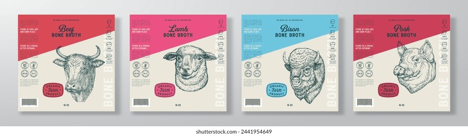 Bone Broth Label Templates Set. Abstract Vector Food Packaging Design Layouts Collection. Meat Modern Natural Diet Soup Product Backgrounds with Engraved Style Drawings. Isolated