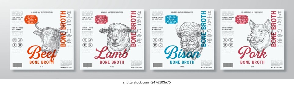 Bone Broth Label Templates Set. Abstract Vector Food Packaging Design Layouts Collection. Meat Modern Natural Diet Soup Product Backgrounds with Engraved Style Drawings. Isolated