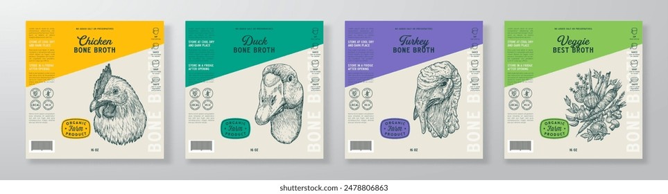 Bone Broth Label Templates Set. Abstract Vector Food Packaging Design Layouts Collection. Meat Chicken Modern Natural Diet Soup Product Backgrounds with Engraved Style Drawings. Isolated