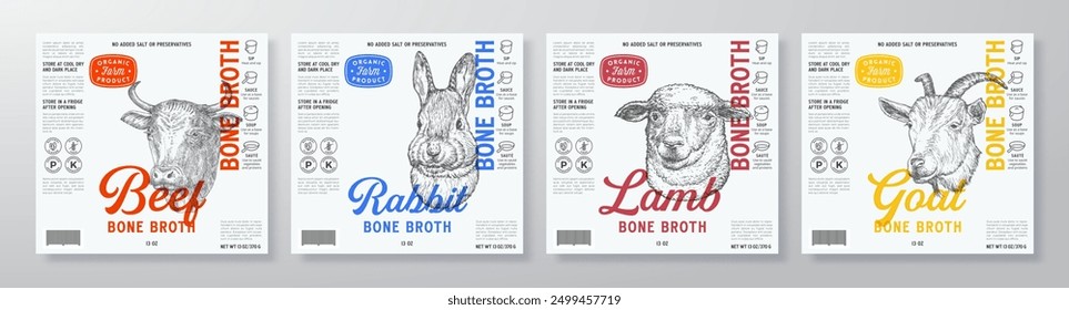 Bone Broth Label Templates Set. Abstract Vector Food Packaging Design Layouts Collection. Beef Meat Modern Natural Diet Soup Product Backgrounds with Engraved Style Drawings. Isolated