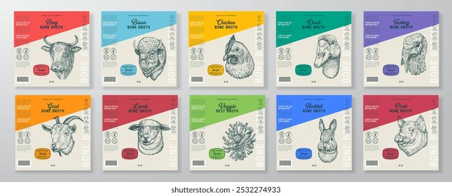 Bone Broth Label Templates Set. Abstract Vector Food Packaging Design Layouts Collection. Meat Beef Chicken Modern Natural Diet Soup Product Backgrounds with Engraved Style Drawings Isolated