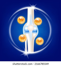 Bone with calcium, vitamin D3, magnesium and collagen. Dietary supplement bones. Arthritis knee joint pain in leg. Medical healthcare skeleton x ray scan concept. Vector EPS10 illustration