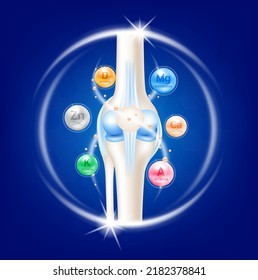 Bone with Calcium, Vitamins, Magnesium and Zinc. Dietary supplement bones. Arthritis knee joint pain in leg. Medical healthcare skeleton x ray scan concept. Vector EPS10 illustration.