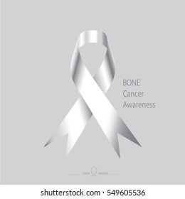 Bone Cancer awareness, White color ribbon on solid light grey background.