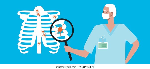 Bone cancer concept as oncology, flat vector stock illustration with doctor and malignant tumor or bone cancer