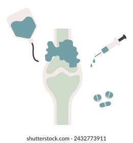 Bone cancer disease. Broken bone with a needle, pills, and syringe. Vector illustration in flat style with cancer disease theme. Editable vector illustration.