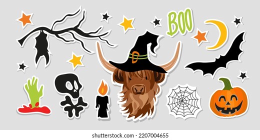 Draw Vector Illustration character design Collection Stickers Highland cow, Spider Web,Pumpkin,Bat, Hand with Blood,Moon, Stars, Skull with Bone, Candle for halloween. Doodle cartoon style