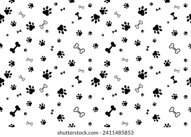 Bone And Cat Or Dog Paw Pattern Background. Wallpaper. Vector Illustration. Animal Backdrop. Banner