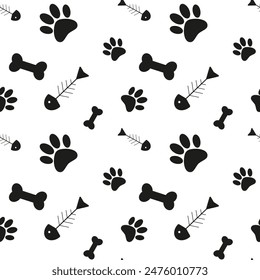 Hueso y gato o perro paw patrón sin fisuras ю Ilustración vectorial. Antecedentes de animales. Impresión decorativa para Fondos de pantalla, envolturas, tarjetas, patrones para ropa y otros