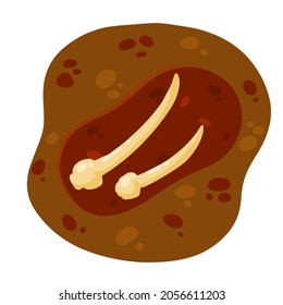 Bone and claws or teeth of dinosaur in ground. Hole in soil. Archaeological discovery. Flat cartoon illustration