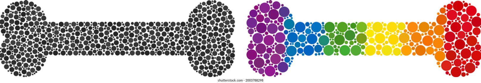 Bone collage icon of circle elements in various sizes and spectrum colored color hues. A dotted LGBT-colored bone for lesbians, gays, bisexuals, and transgenders. Vector icon in LGBT flag colors.