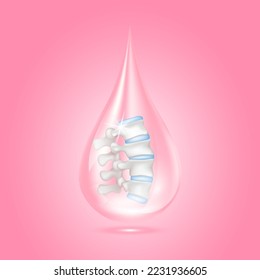 Bone in collagen drop pink. Vitamin therapy help heal backbone disc arthritis. For nutrition products food. Medical or health care concept. Realistic 3d on solid background. Vector.