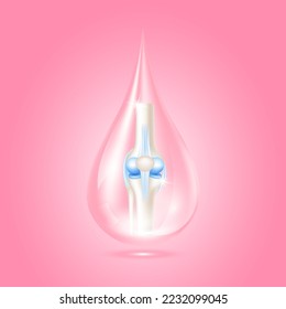 Bone in collagen drop pink. Vitamins therapy help heal knee joint arthritis. For nutrition products food. Medical or health care concept. Realistic 3d on solid background. Vector.