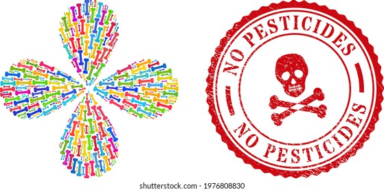 Bone colored curl motion, and red round NO PESTICIDES rubber print. Bone symbol inside round rubber print. Element whirlpool designed from scattered bone items.