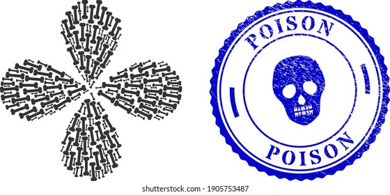 Bone curl flower shape, and blue round POISON unclean watermark with icon inside. Object flower with 4 petals composed from oriented bone symbols. Vector flower collage in flat style.