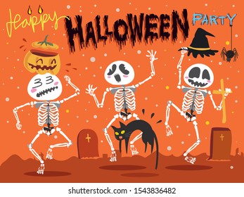 bone dance in tomb with pumpkin,black cat,wizard hat in halloween party theme