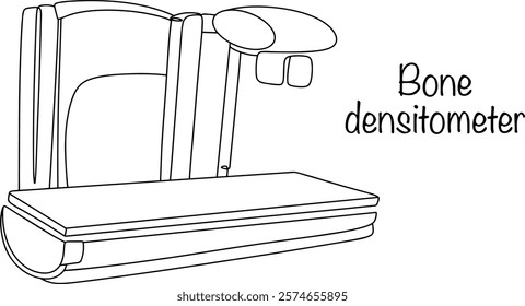 Bone densitometer. A medical device drawn with a black line used to measure bone density. Diagnosis of osteoporosis. A simple black and white illustration on a medical theme. 
