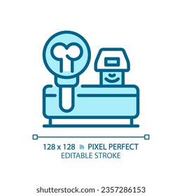 Bone densitometer pixel perfect light blue icon. Medical scan. X ray technology. Health assessment. RGB color sign. Simple design. Web symbol. Contour line. Flat illustration. Isolated object