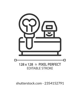 Icono lineal perfecto del píxel del densitomómetro óseo. Examen médico. Tecnología de rayos X. Evaluación de la salud. Prueba de diagnóstico. Ilustración de línea delgada. Símbolo de contorno. Dibujo del contorno del vector. Trazo editable