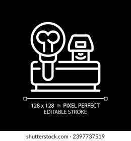 Bone densitometer pixel perfect white linear icon for dark theme. Medical scan. X ray technology. Health assessment. Thin line illustration. Isolated symbol for night mode. Editable stroke