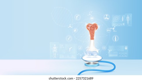 Bone disc joint healthy cartilage float away from stethoscope. Image virtual hologram on screen computer. Doctor diagnose digital data record. Electronic medical technology innovation. 3d Vector.