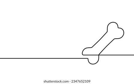 Bone for dog continuous one line. Hand draw black icon symbol pet  isolated on white background. Hands drawing bones shape. Puppy food. Silhouette canine feed for design prints. Vector illustration