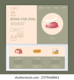 Bone for dog flat landing page website template. Dog bowl, cat litter, hamster cage. Web banner with header, content and footer. Vector illustration.