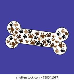 Bone with dog footprints of different colors inside with blue background. Vector illustration.