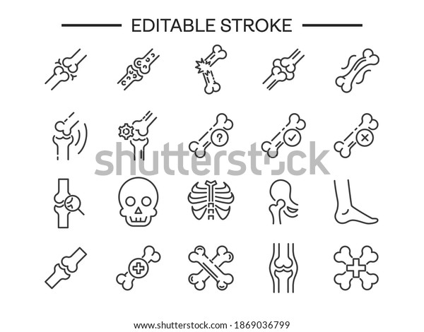 Bone editable\
thin line isolated vector icon set broken bone joint vector Knee\
bones icon. Joint outline symbol of human body for web design or\
mobile app signs for design logo\
