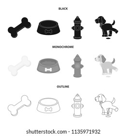 A bone, a fire hydrant, a bowl of food, a pissing dog.Dog set collection icons in black,monochrome,outline style vector symbol stock illustration web.