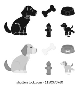 A bone, a fire hydrant, a bowl of food, a pissing dog.Dog set collection icons in black,monochrome style vector symbol stock illustration web.