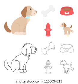A bone, a fire hydrant, a bowl of food, a pissing dog.Dog set collection icons in cartoon,outline style vector symbol stock illustration web.