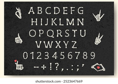 Fonte óssea para o Halloween. Alfabeto vetorial feito de ossos humanos. Esqueletos de letras e clipart.