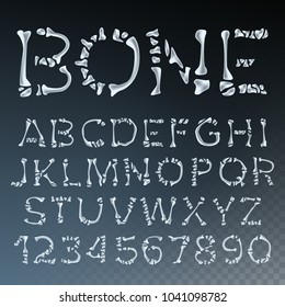 Bone Font Vector. Made Out Of Transparent Bones. Monster Horrible Font. Capitals Letters And Numbers. Anatomy Pirate Style. Isolated Transparent Illustration