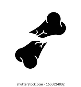 Bone fracture black glyph icon. Oblique displaced fracture. Accident. Hurt body part. Trauma treatment. Medical condition. Emergency. Silhouette symbol on white space. Vector isolated illustration