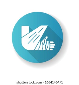 Bone fracture blue flat design long shadow glyph icon. Injured arm in plaster. Wounded limb in bandage. Hurt elbow. Trauma treatment. Healthcare. Medical condition. Silhouette RGB color illustration