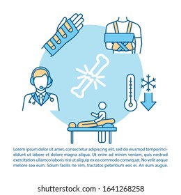 Bone fracture first aid concept icon with text. Trauma treatment recommendations, injury therapy PPT page vector template. Brochure, magazine, booklet design element with linear illustrations