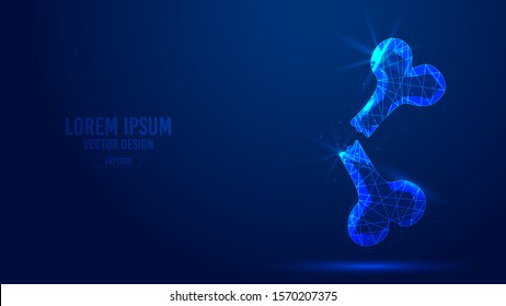 Bone fracture geometric lines, low poly style wireframe vector banner template. Isolated medicine science technology concept blue background polygonal 3d abstract.