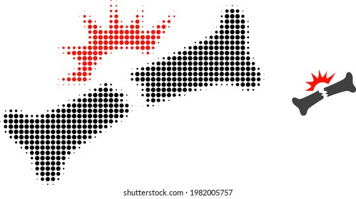 Ilustración de icono de punto de semitono de fractura ósea. El patrón de semitono contiene píxeles redondos. Ilustración vectorial del icono de la fractura ósea sobre un fondo blanco. Abstracción plana para pictograma de fractura ósea.