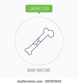 Bone fracture icon. Traumatology sign. Human bone break. Linear outline circle button. Vector